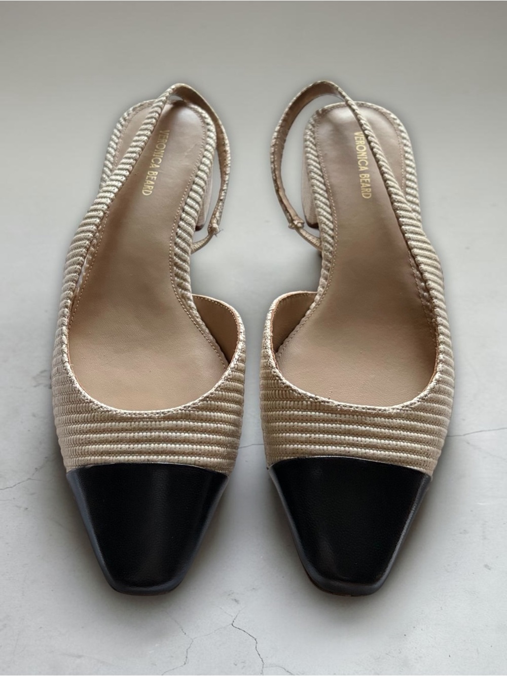 Veronica Beard Cecile Cap Toe Natural Raffia Black Leather Slingback Flats